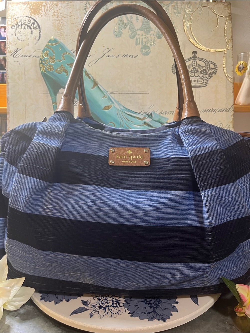 kate spade Blue and Navy Striped Tote with Brown Handles